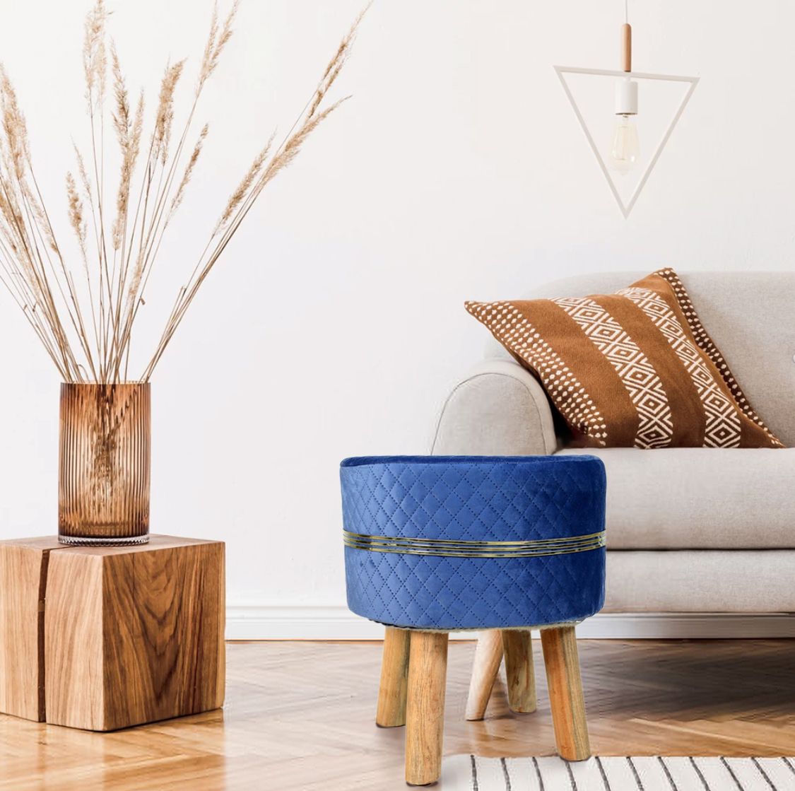 Red Gold Strip Wooden Pouf