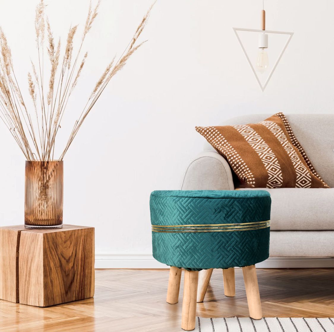 White Pink  Strip Wooden Pouf