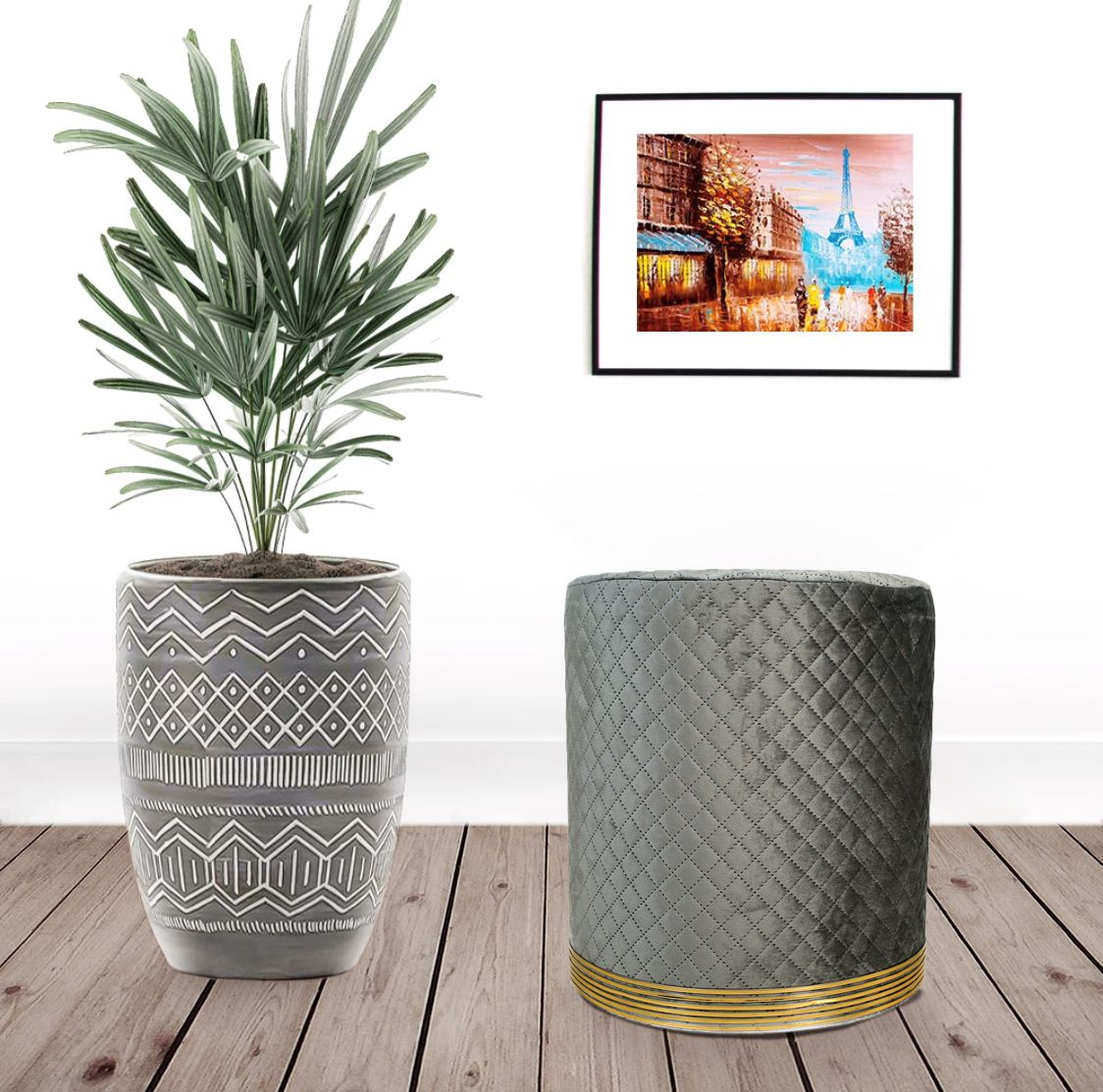 Grey  Velvet Wooden Sitting Ottoman