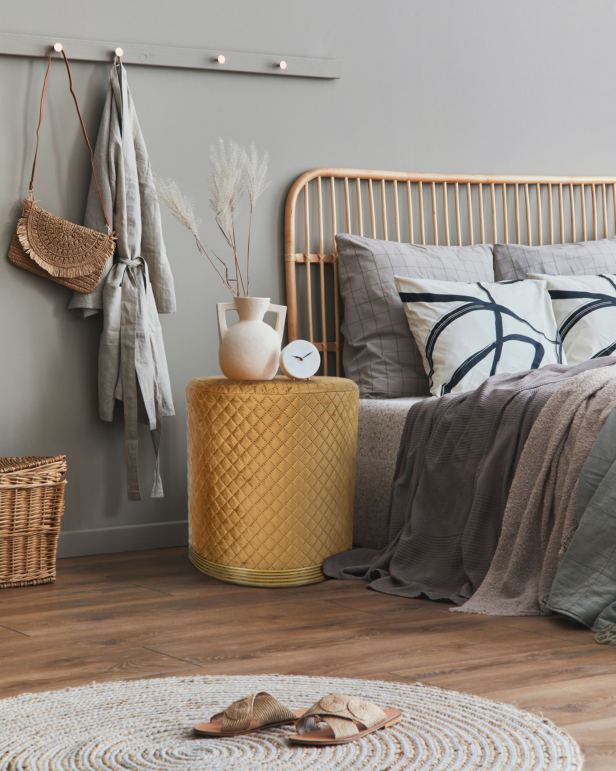 Blue Gold Strip Wooden Pouf