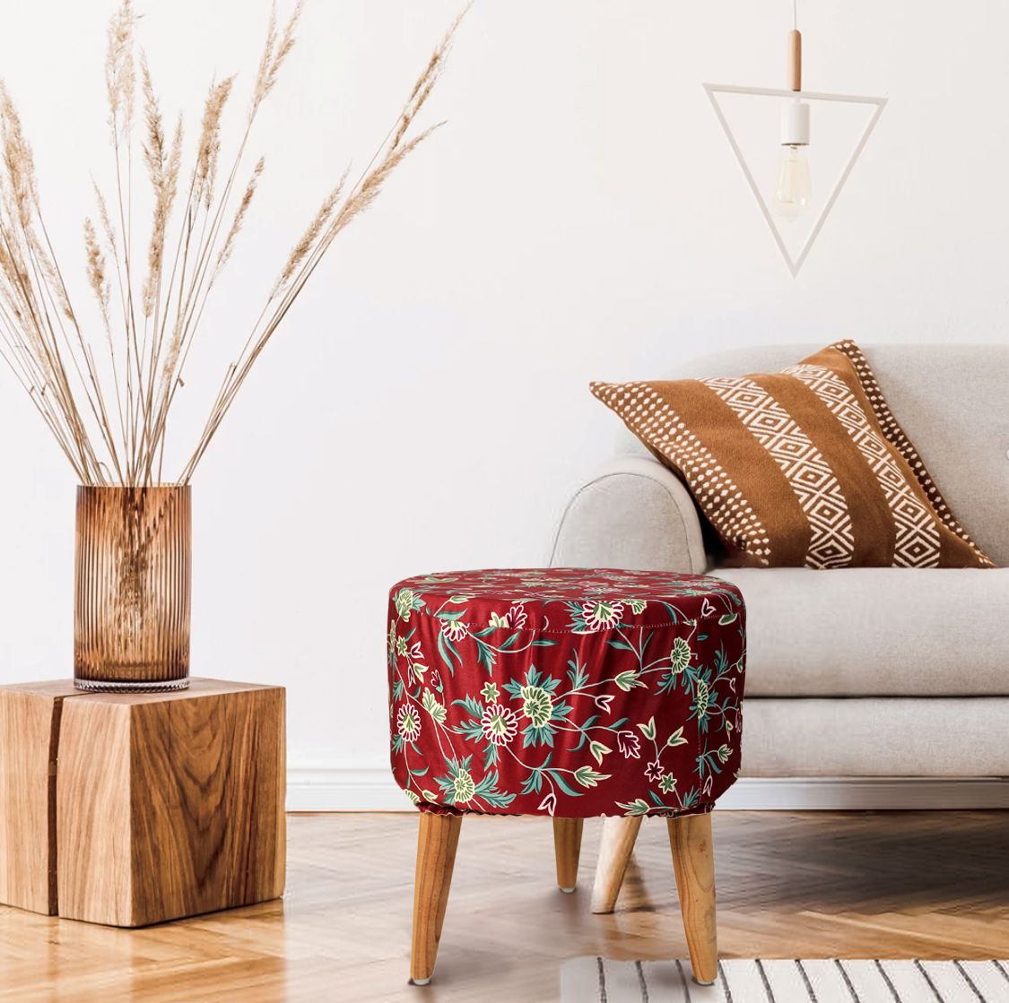 Blue Red Strip Wooden Pouf