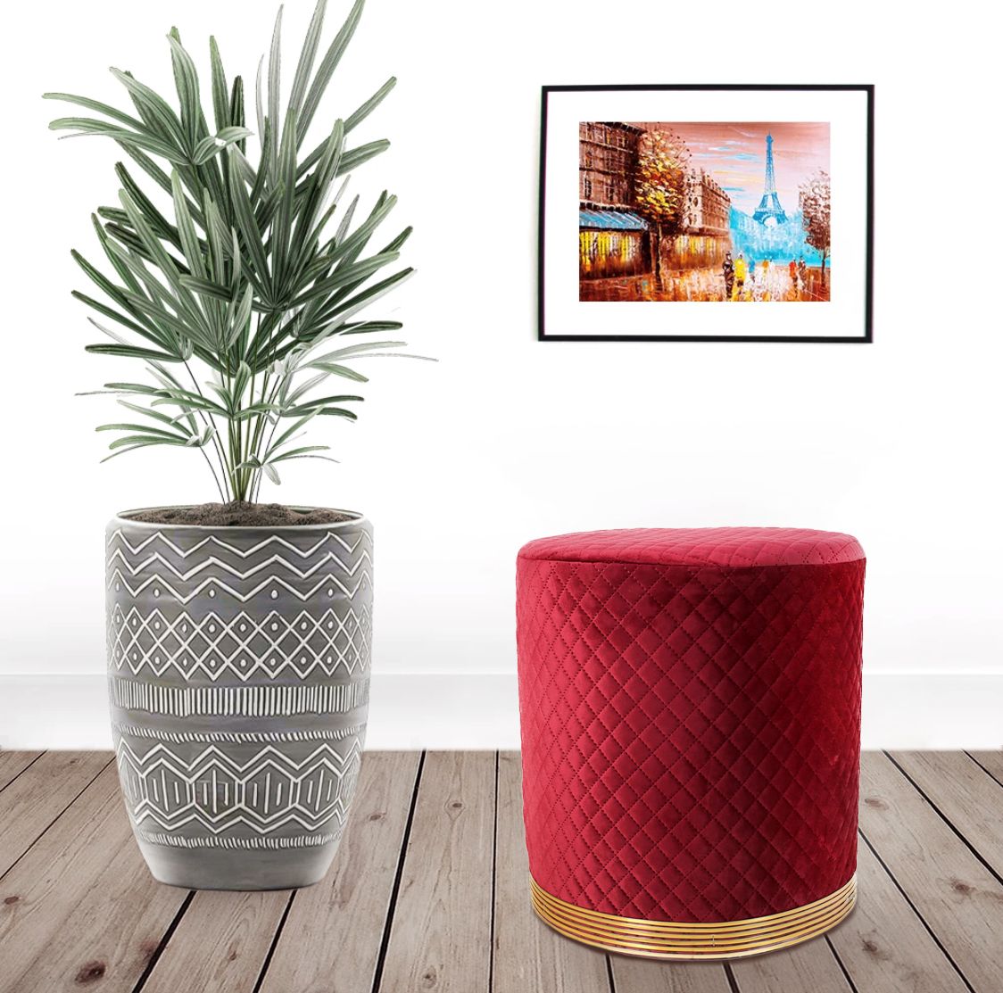 Red  Velvet Wooden Sitting Ottoman