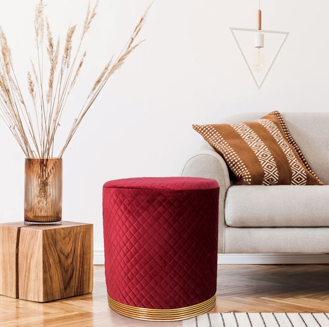 Red Gold Strip Wooden Pouf