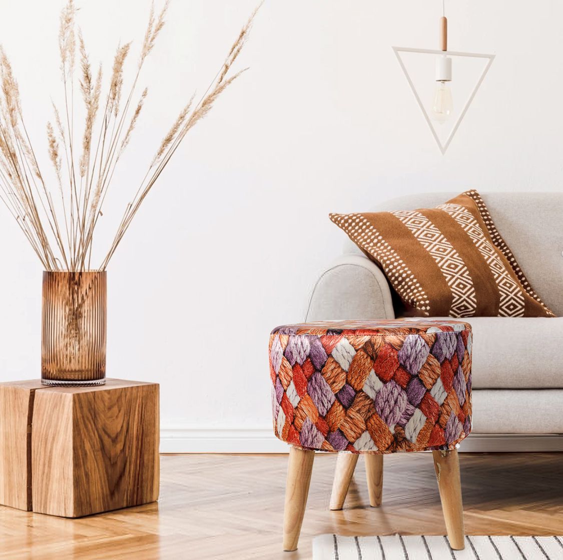 White Pink  Strip Wooden Pouf