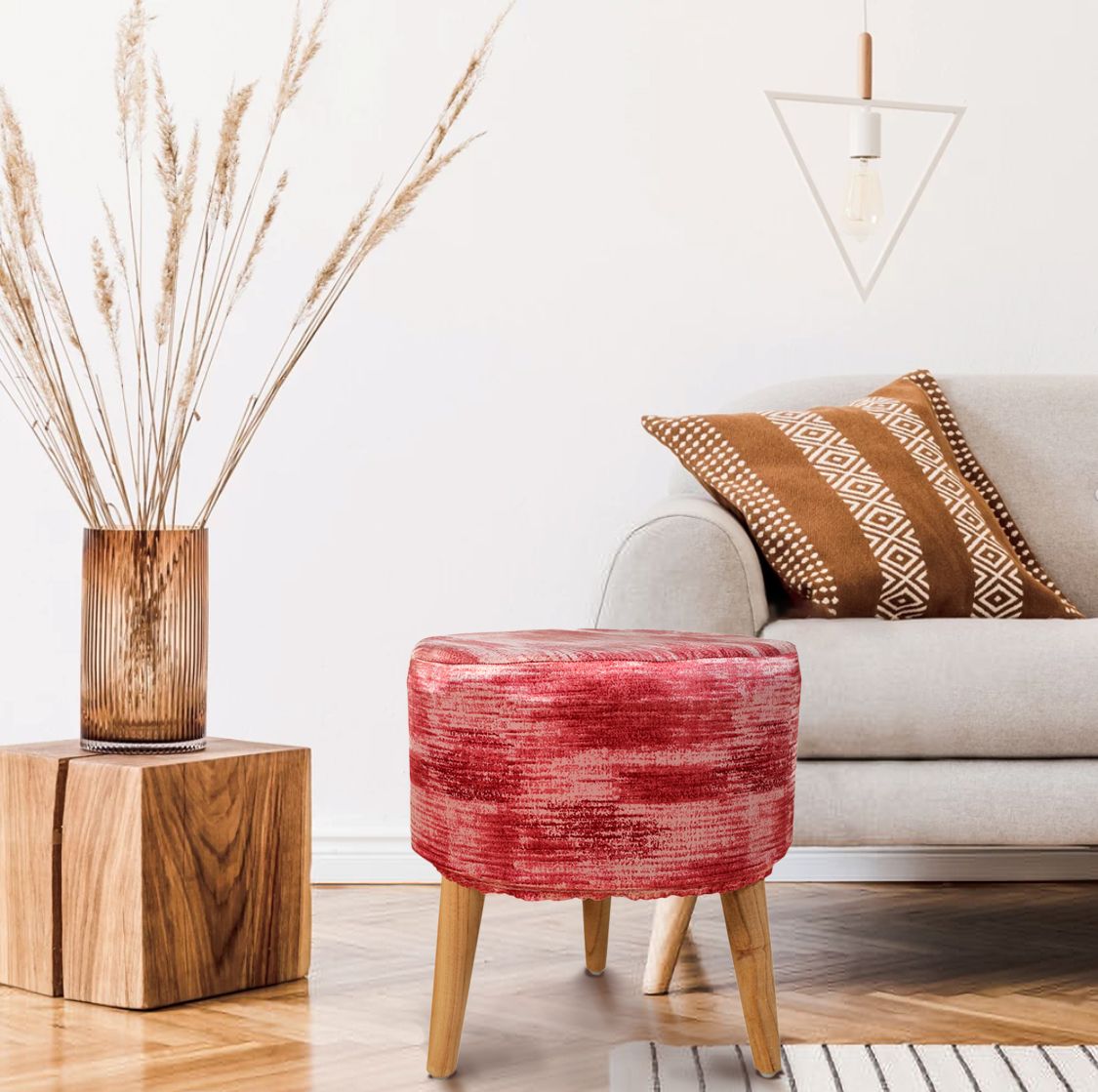 Red White Strip Wooden Pouf