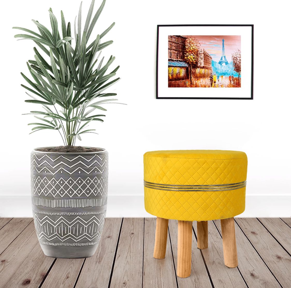 Yellow  Gold  Strip Wooden Pouf