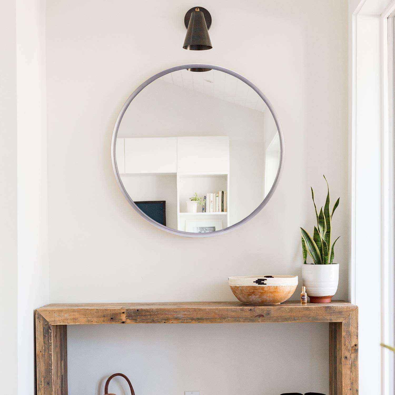 Silver Wood Frame Round Wall Mirror
