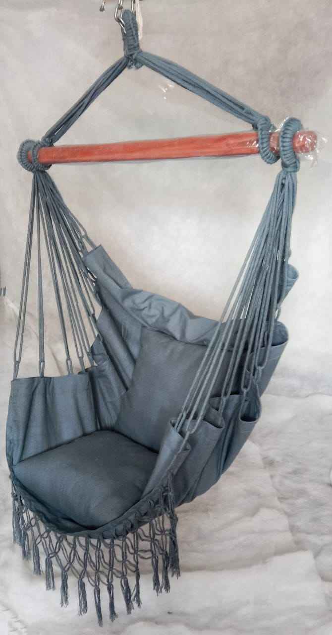Hangit Macrame Swing chair with deco fringes and cushions - Blue