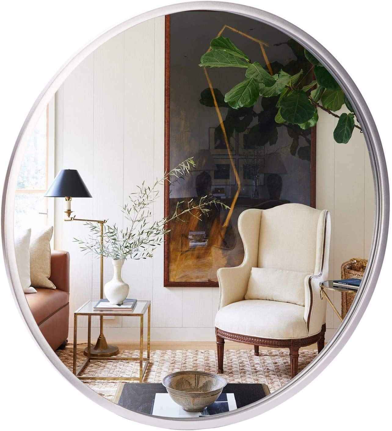 Silver Wood Frame Round Wall Mirror
