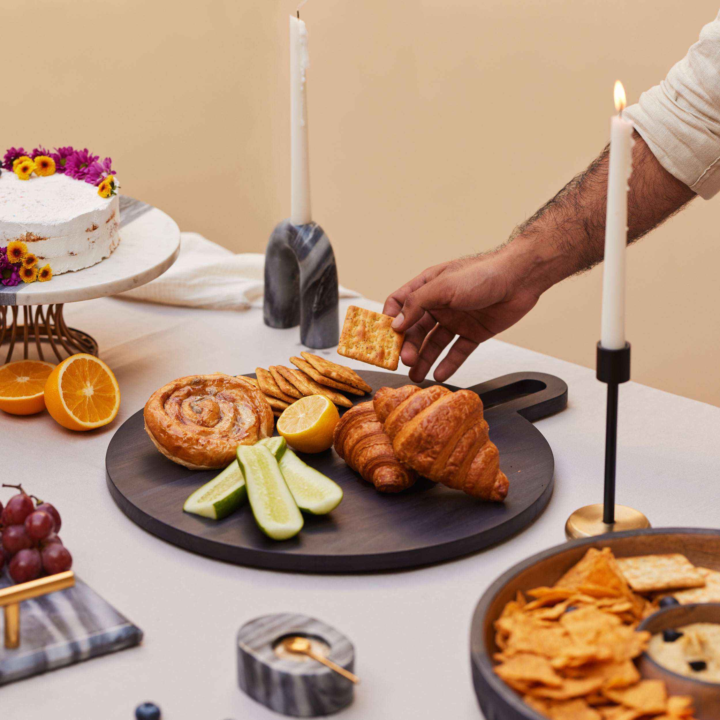 Pure white marble tray with brass feet