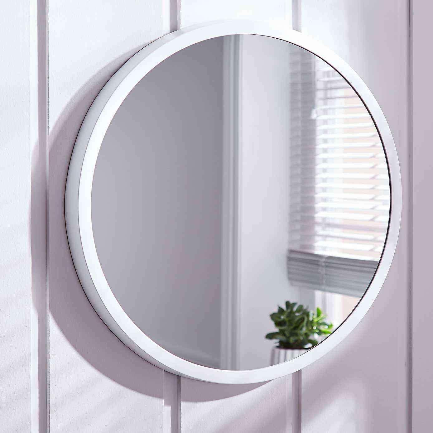 White Wood Frame Round Wall Mirror