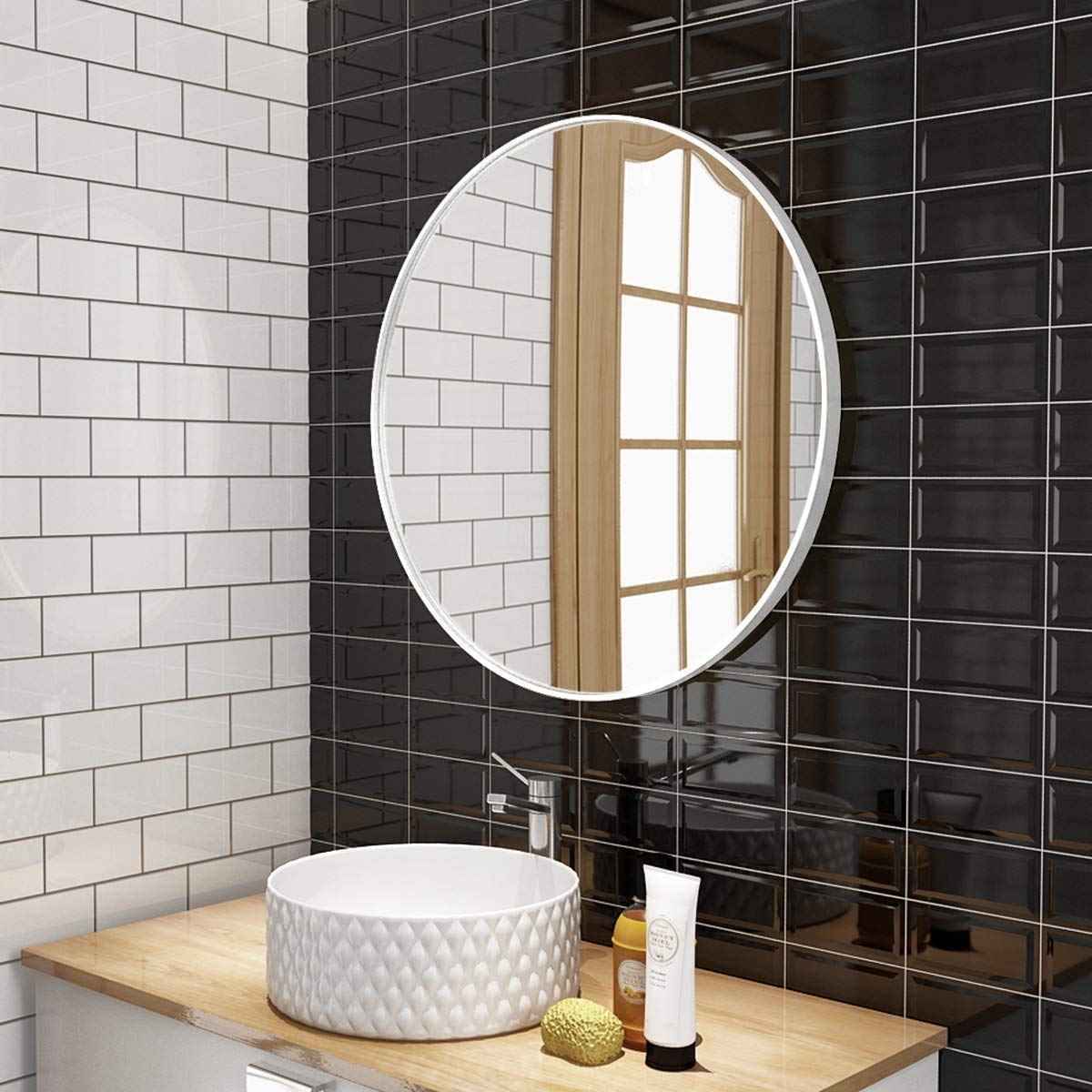 White Wood Frame Round Wall Mirror