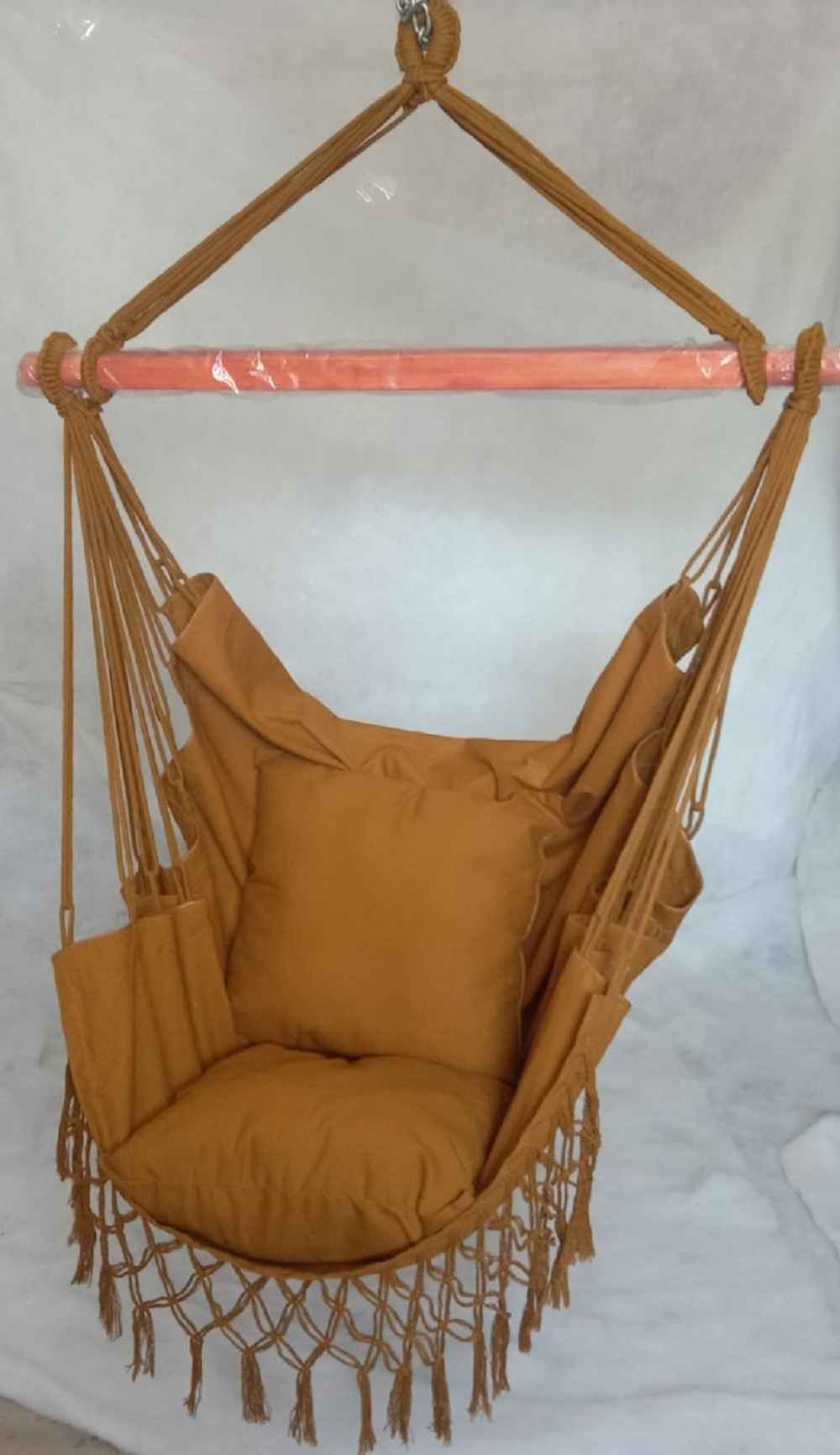 Hangit Macrame Swing chair with deco fringes and cushions - Brown