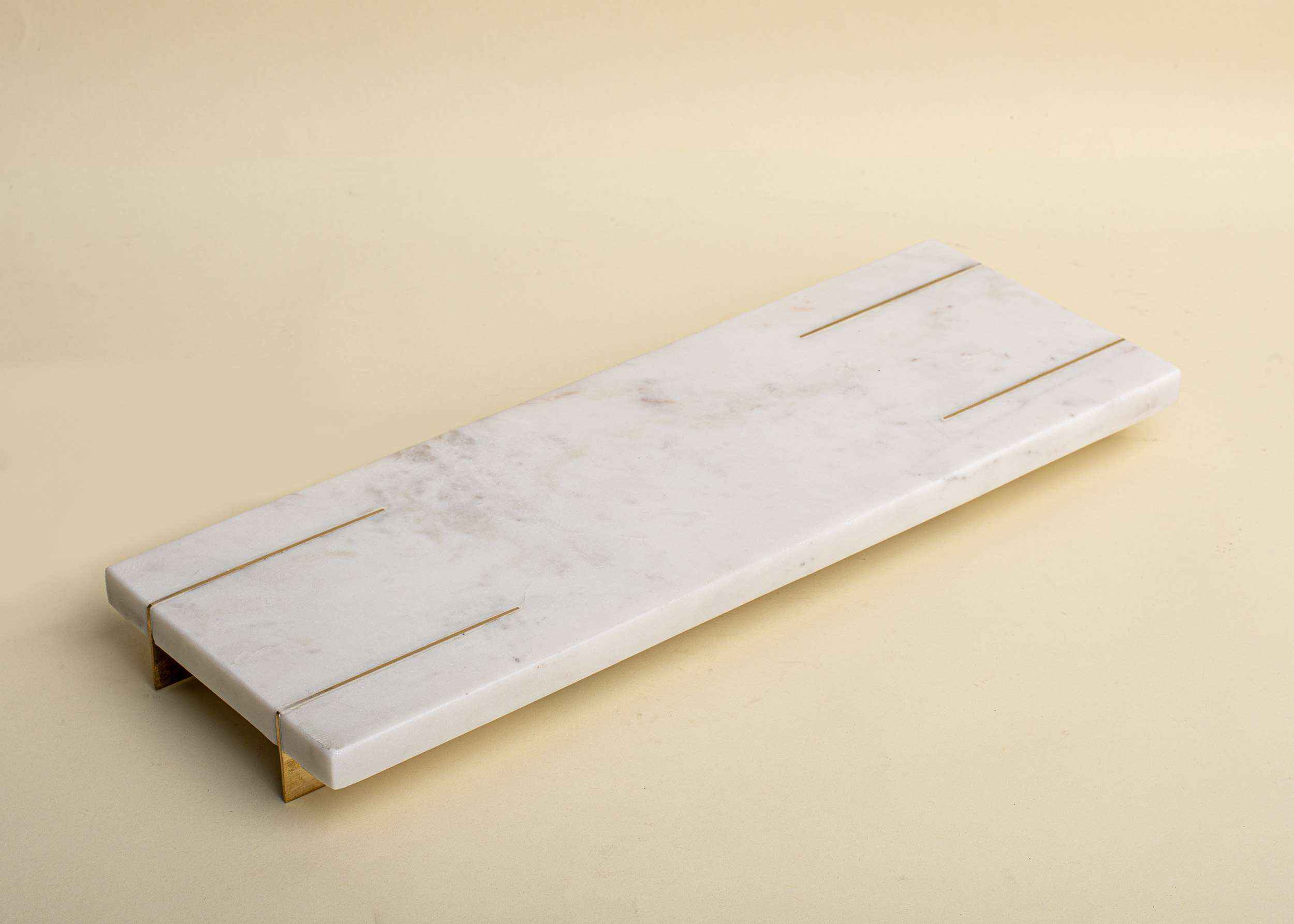 Pure white marble tray with brass feet