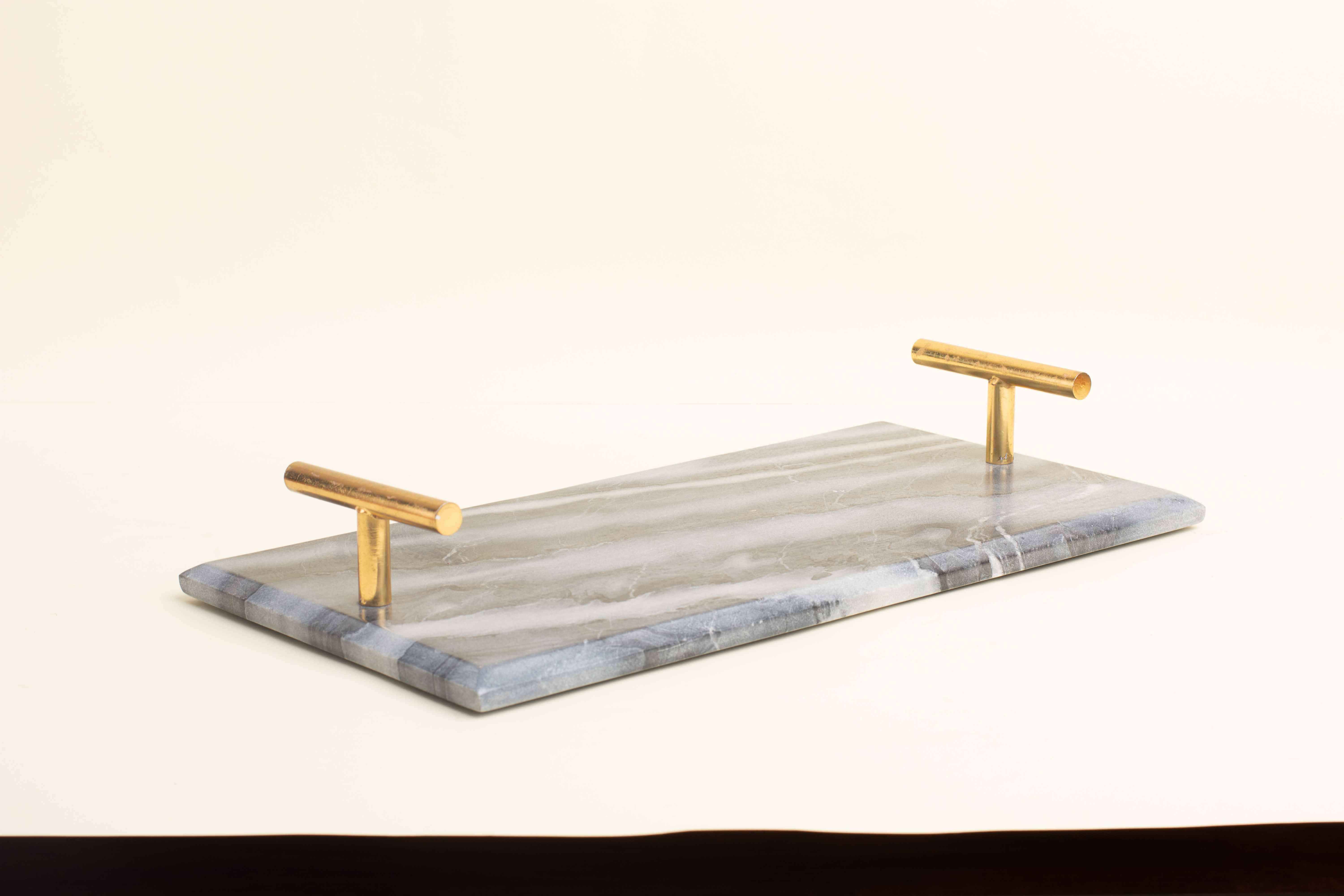 Pure white marble tray with brass feet
