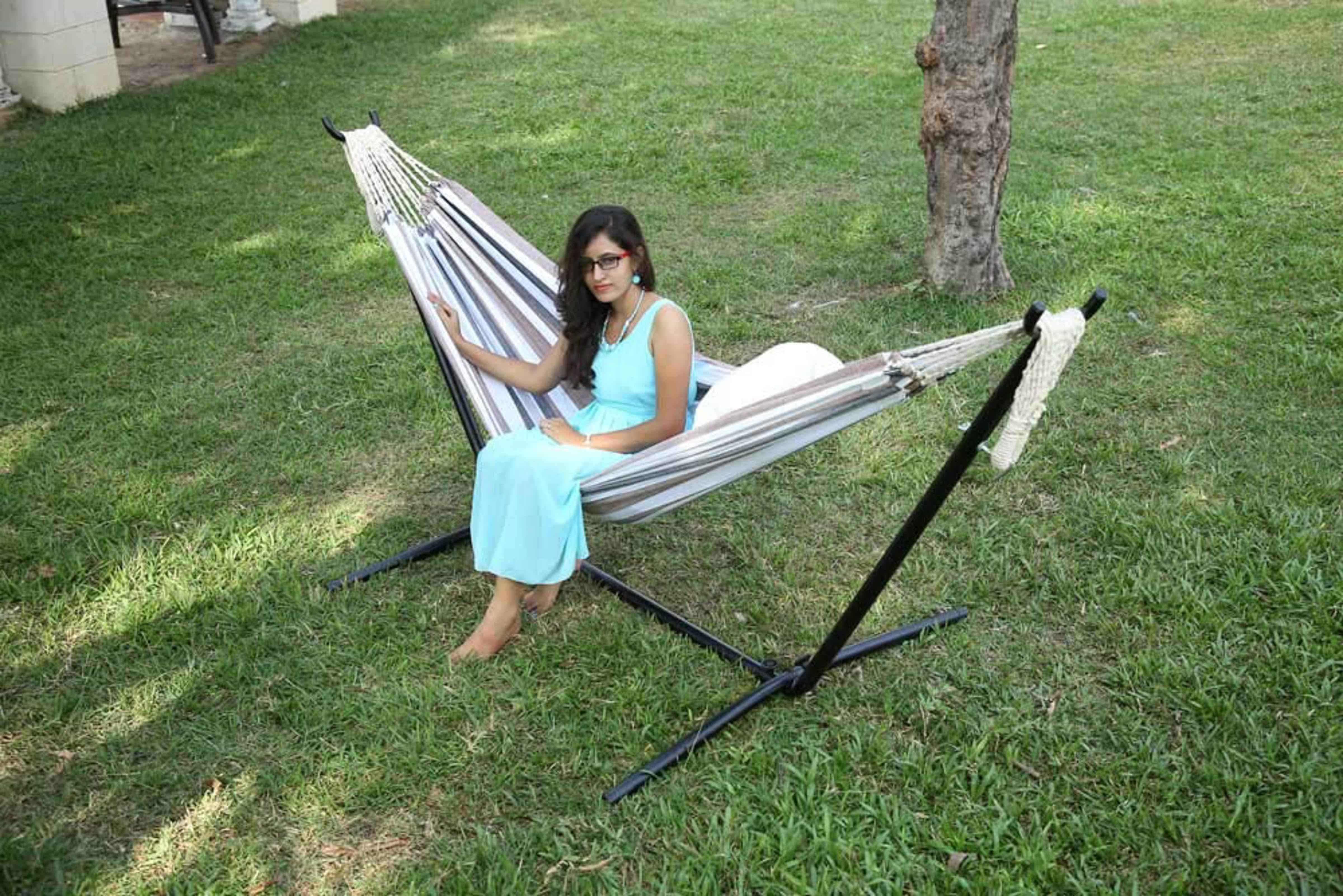 Hangit Macrame Swing chair with deco fringes and cushions - Blue