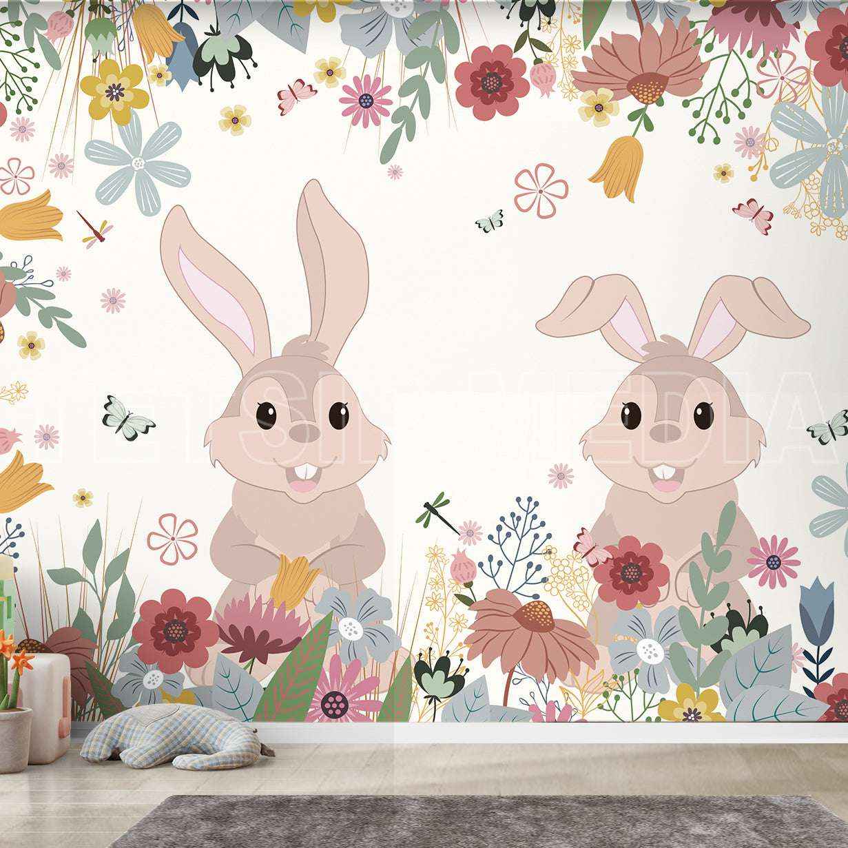 Rabbits In Garden - Light Beige