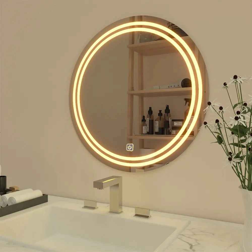 Walnut Brown Wood Frame Round Wall Mirror