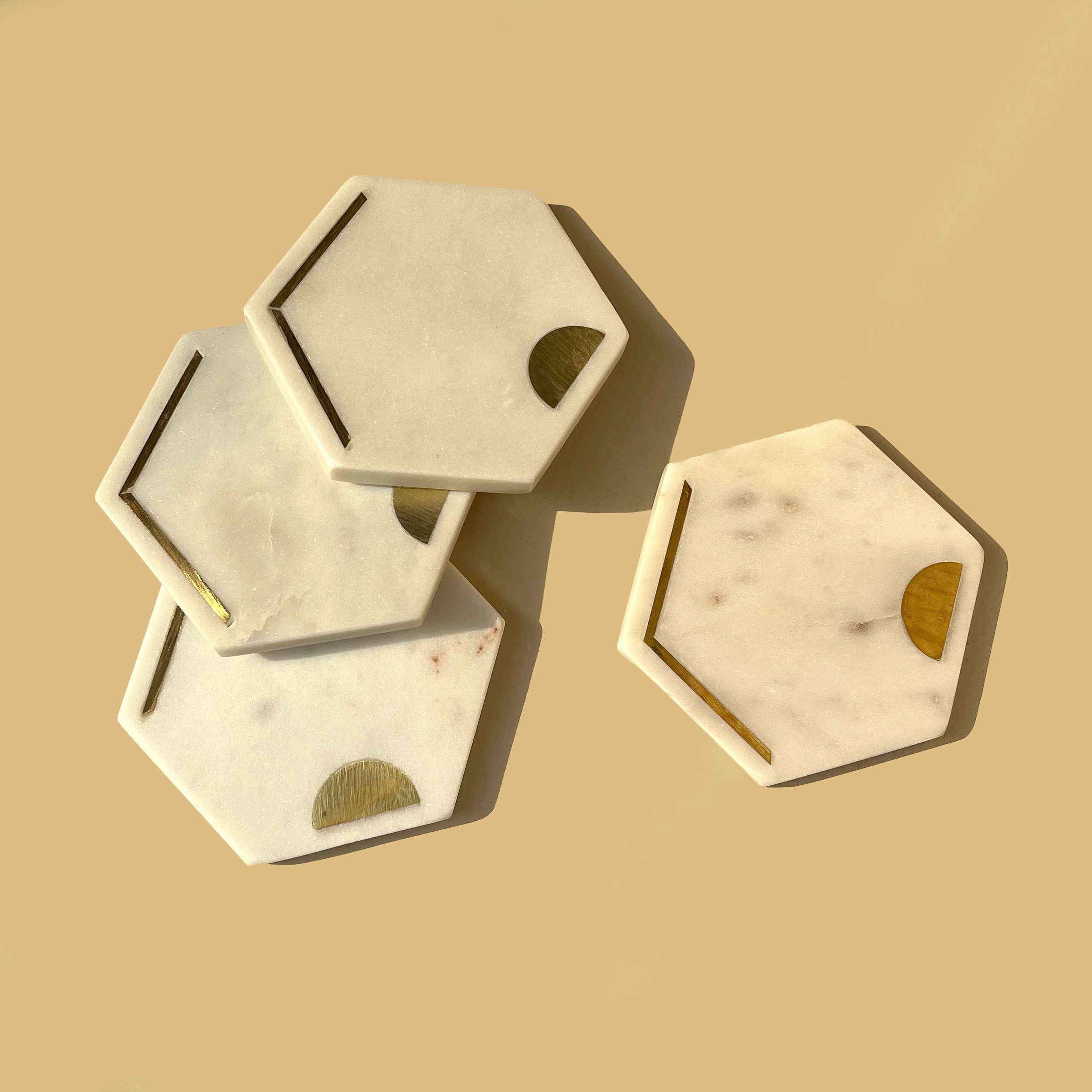 Gold Inlay White Marble Coasters With Stand