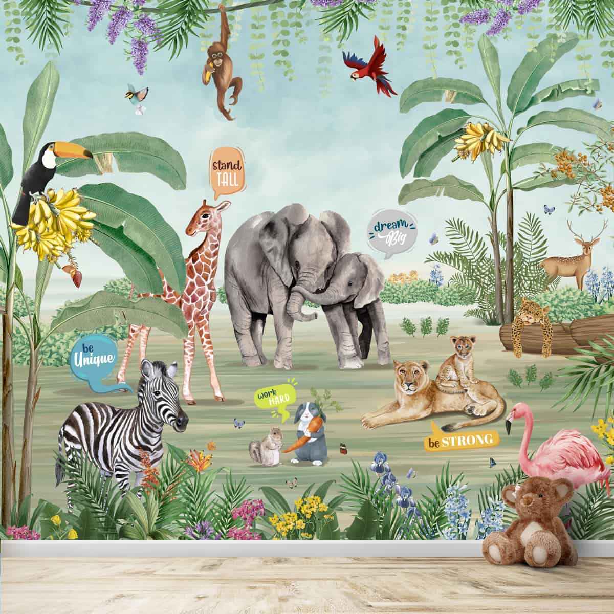 Jungle Theme Wallpaper with Cute Animals and Quotes