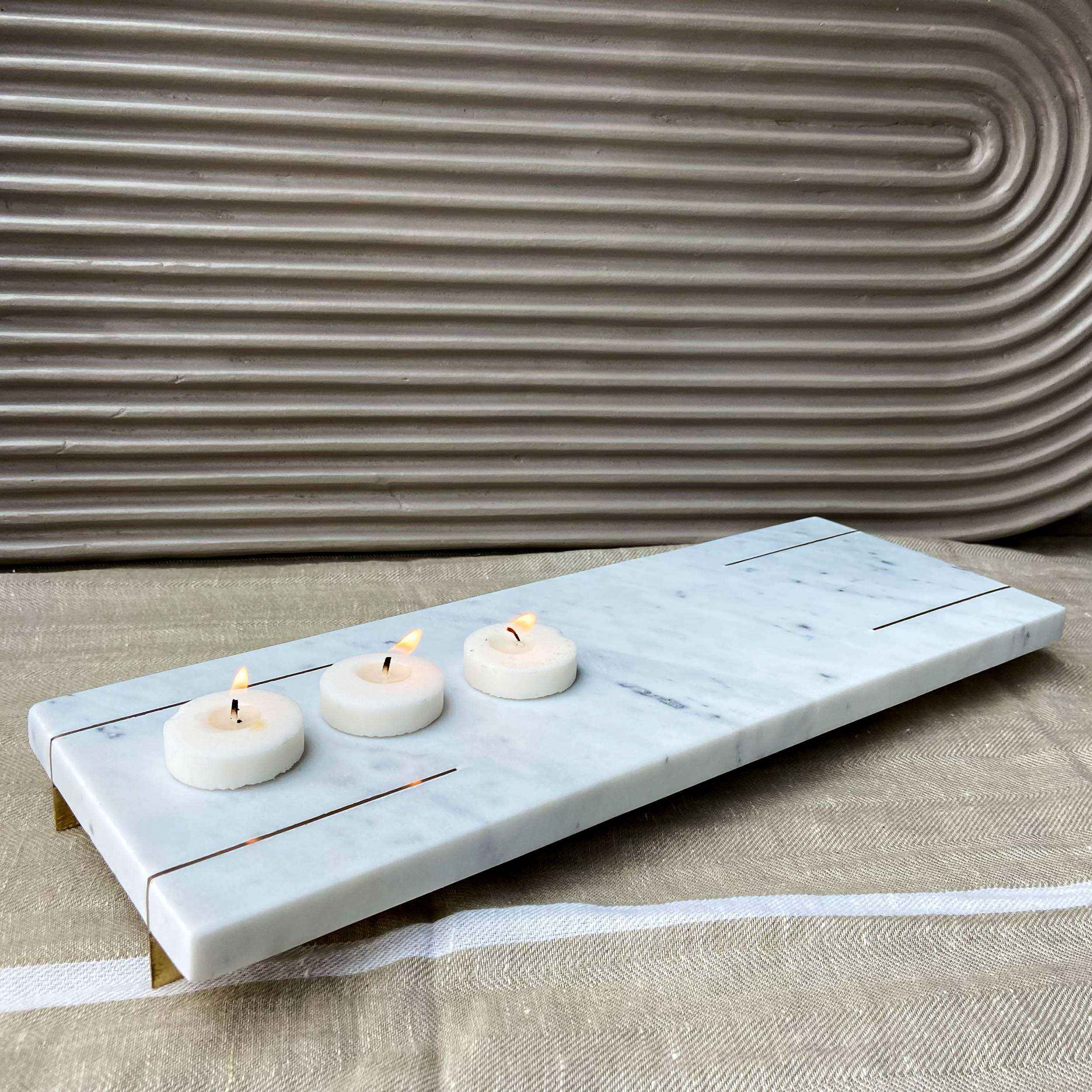 Pure white marble tray with brass feet