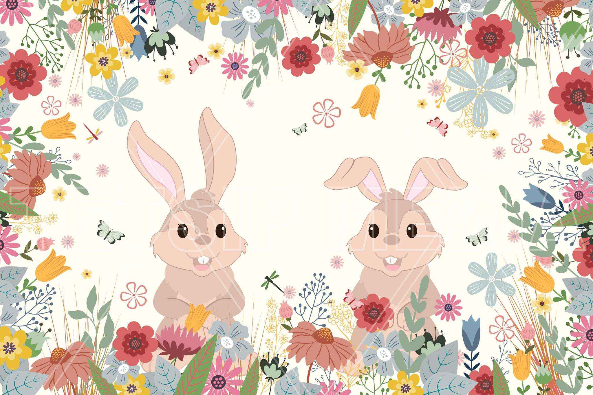 Rabbits In Garden - Light Beige