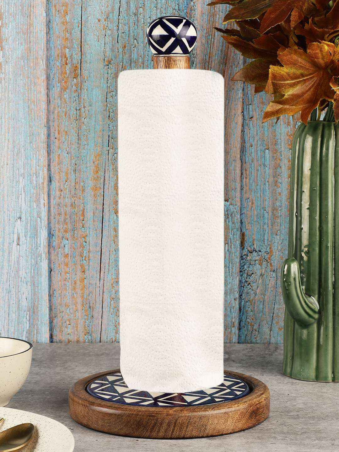 Ceramic & Wood Paper Towel Holder with Weighted Base for Standard Paper Towel Rolls