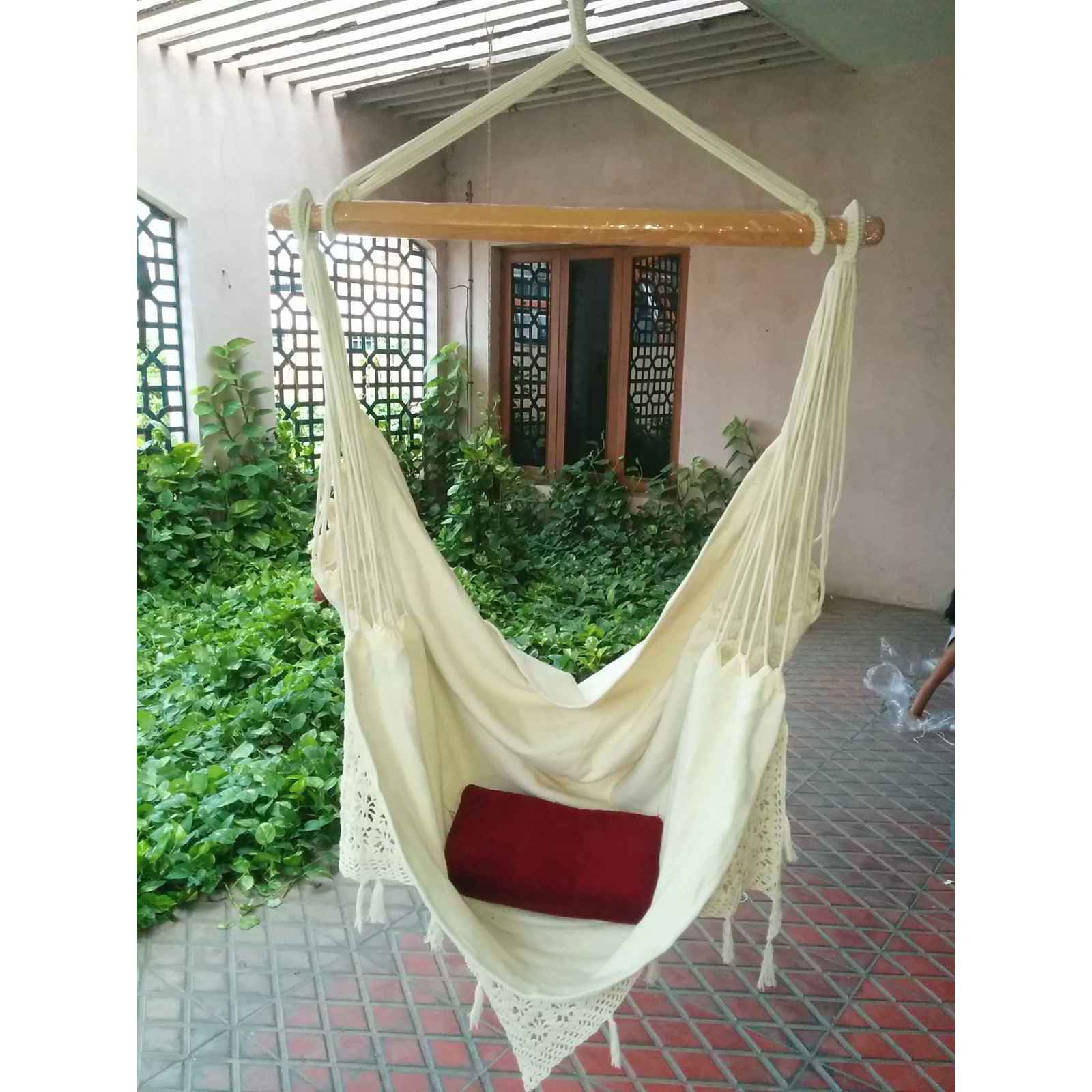 Hangit Macrame Swing chair with deco fringes and cushions - Brown