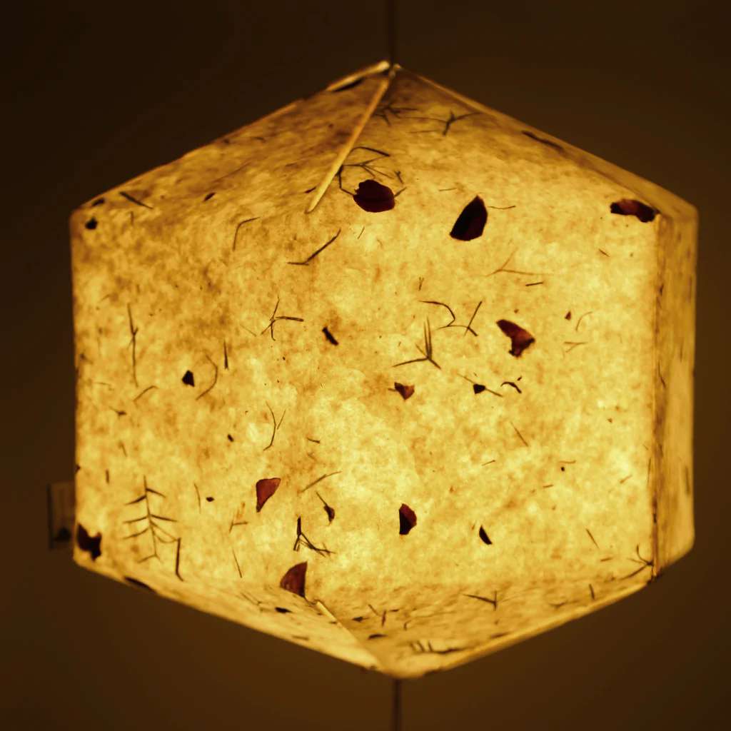 Pastel Yellow Paper Lantern; Handmade Paper With Red Flower Petals