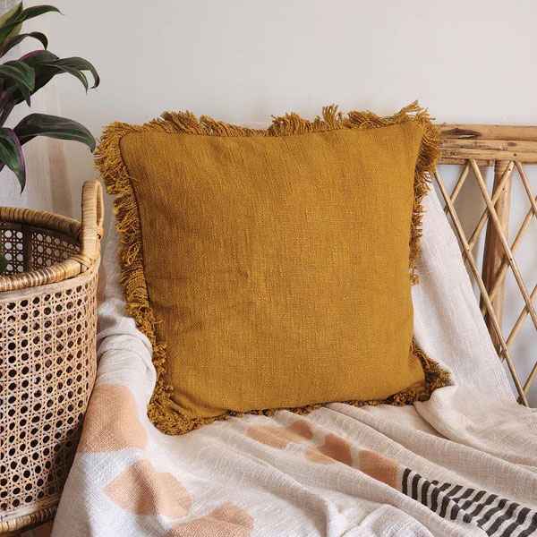Yellow fringe pillow sales