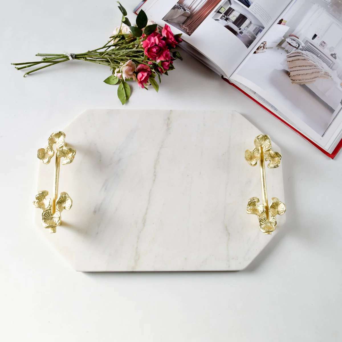 Kennesha Marble Tray with Golden Orchid Flower Handles