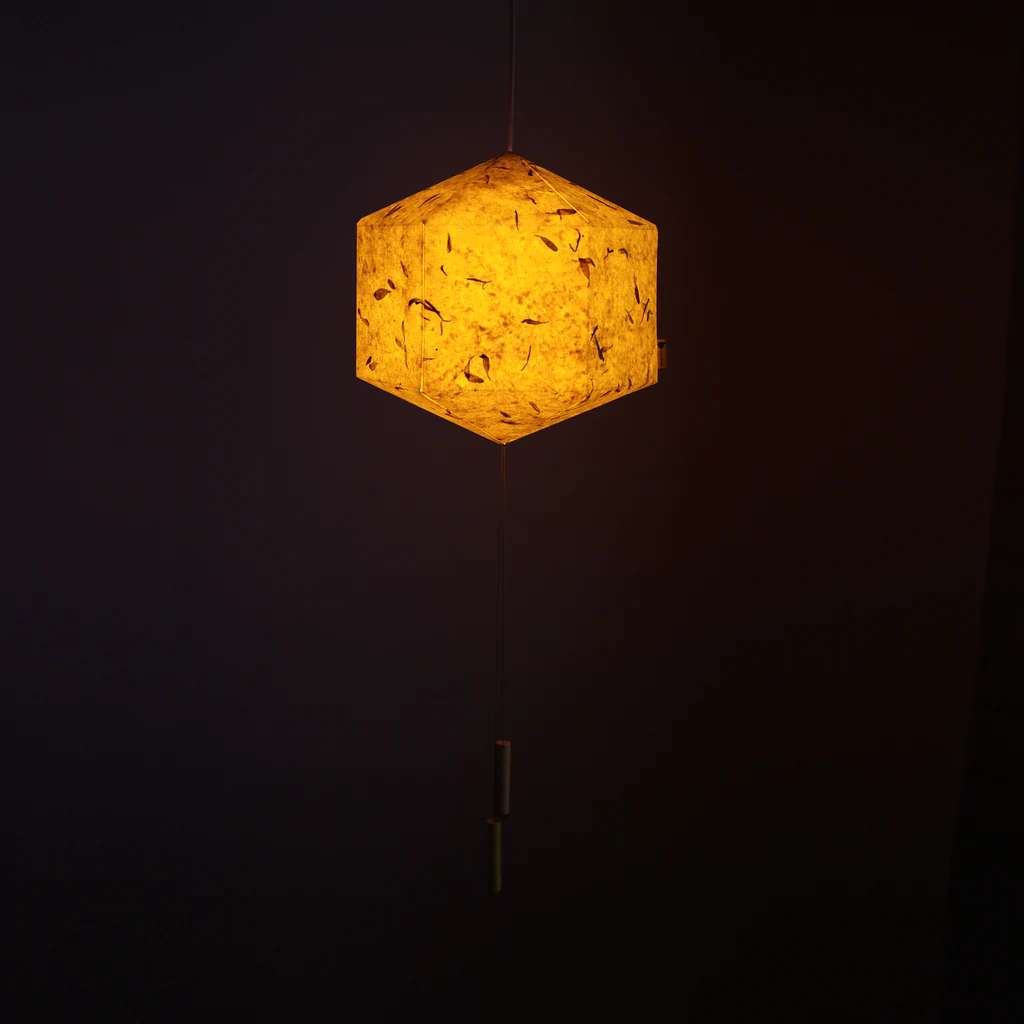 Pastel Yellow Paper Lantern; Handmade Paper With Red Flower Petals