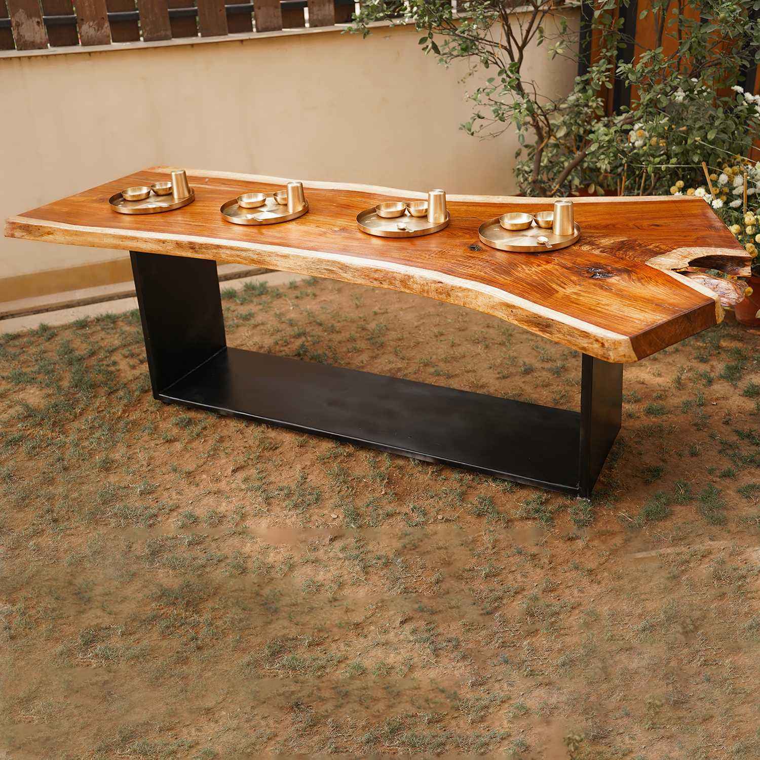 Round live edge hollock and iron coffee table Table