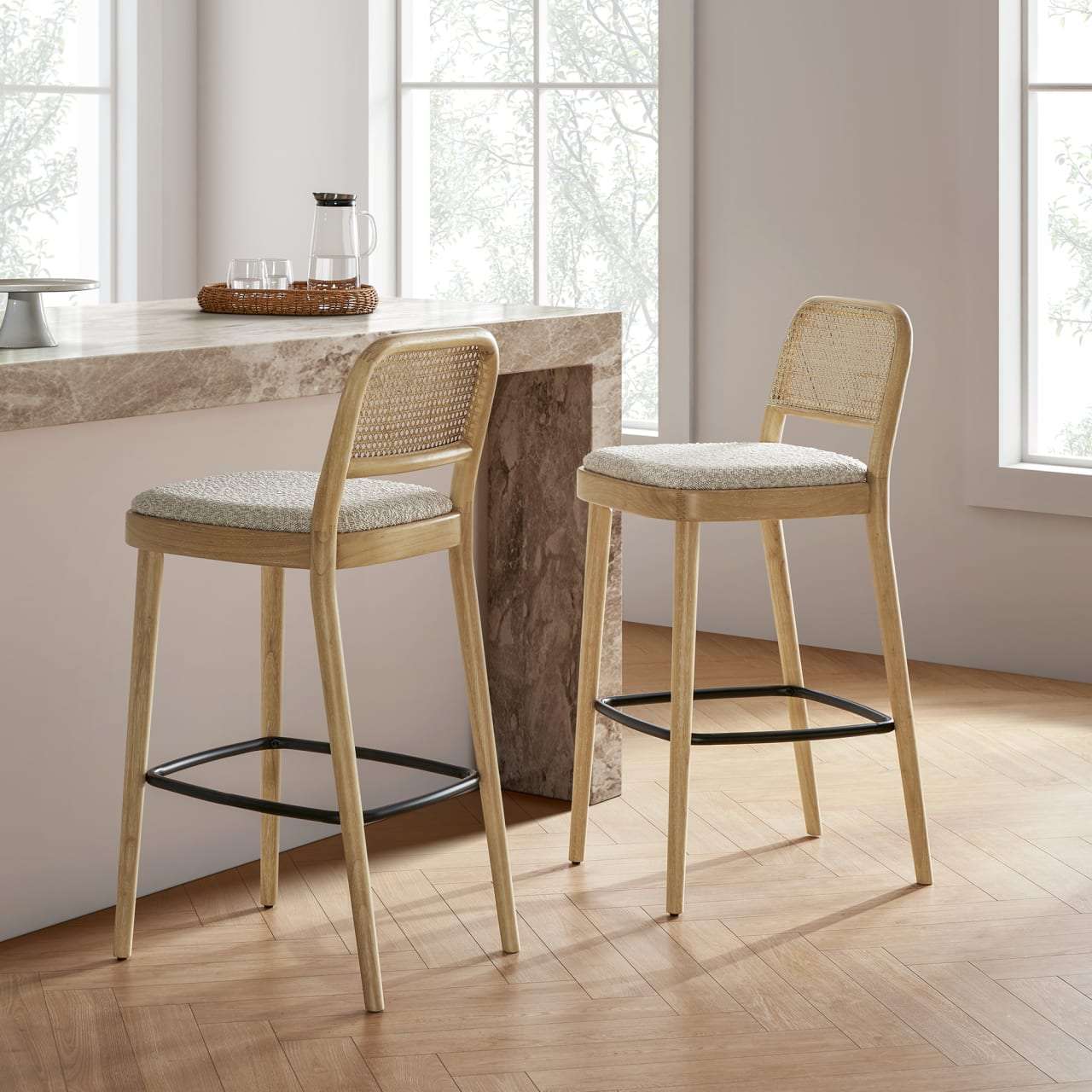 Edith Cane Bar Stool, White Wash