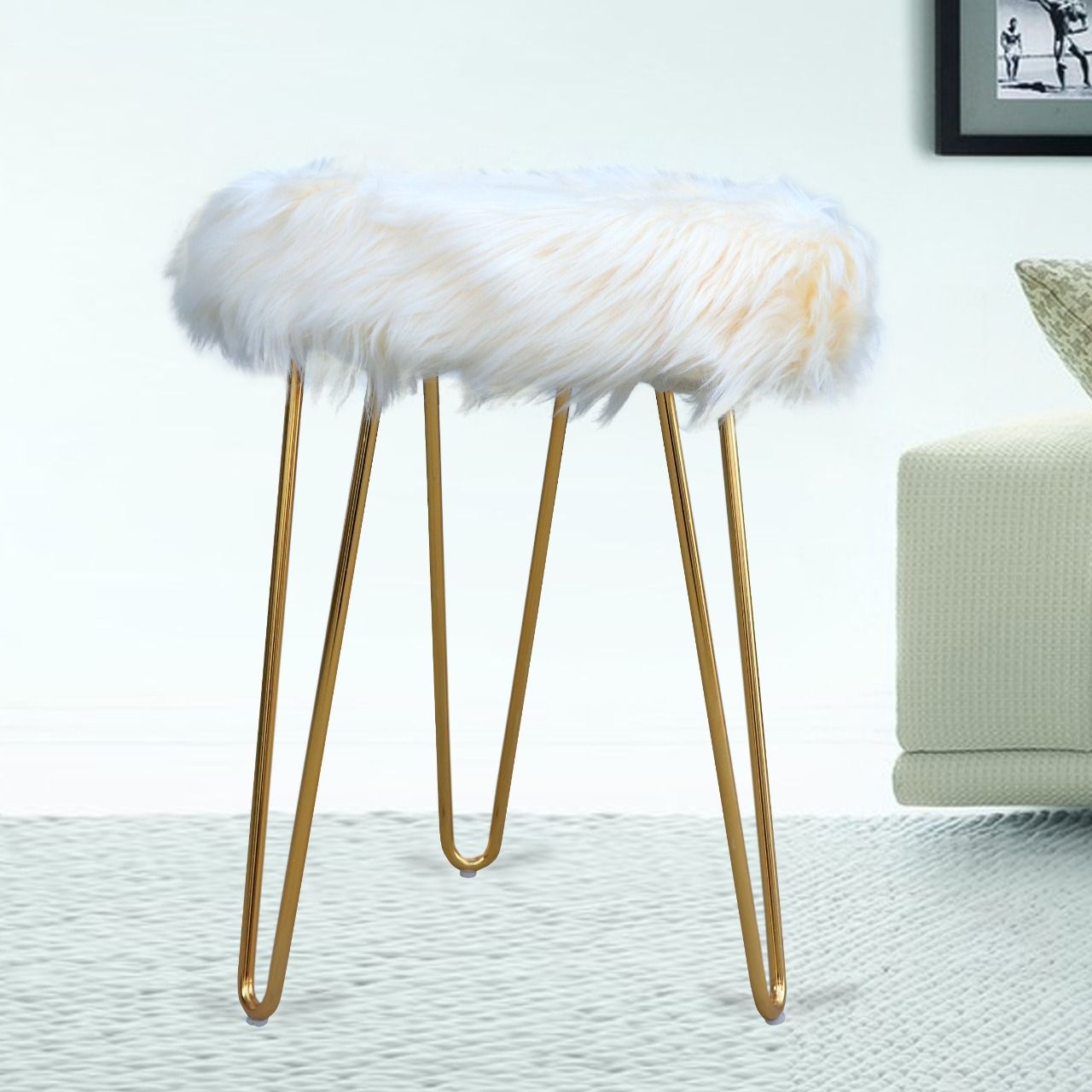 Yellow  Gold  Strip Wooden Pouf